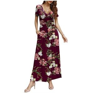 XPENYO Flowy Burgundy Floral short sleeves V-Neck faux-wrap bodice Maxi Dress